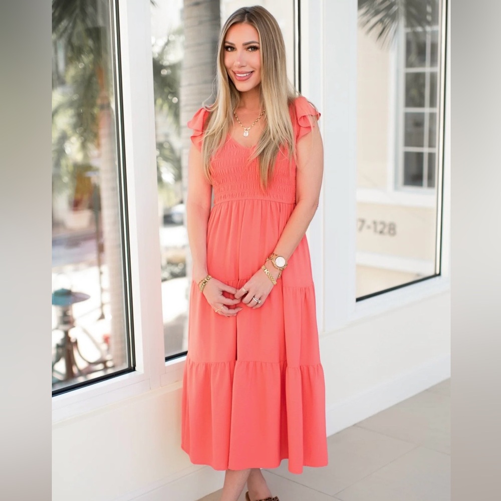 Flutter Sleeve Smocked Coral Midi Dress size M